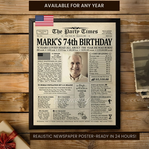 YaHaku 74th Birthday Newspaper Poster Sign, Personalized Birthday Newspaper Posters, Back in 1951, Gift for Grandma