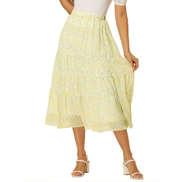 Unique Bargains Women's Floral Print Elastic Waist Ruffle Maxi Tiered Skirt