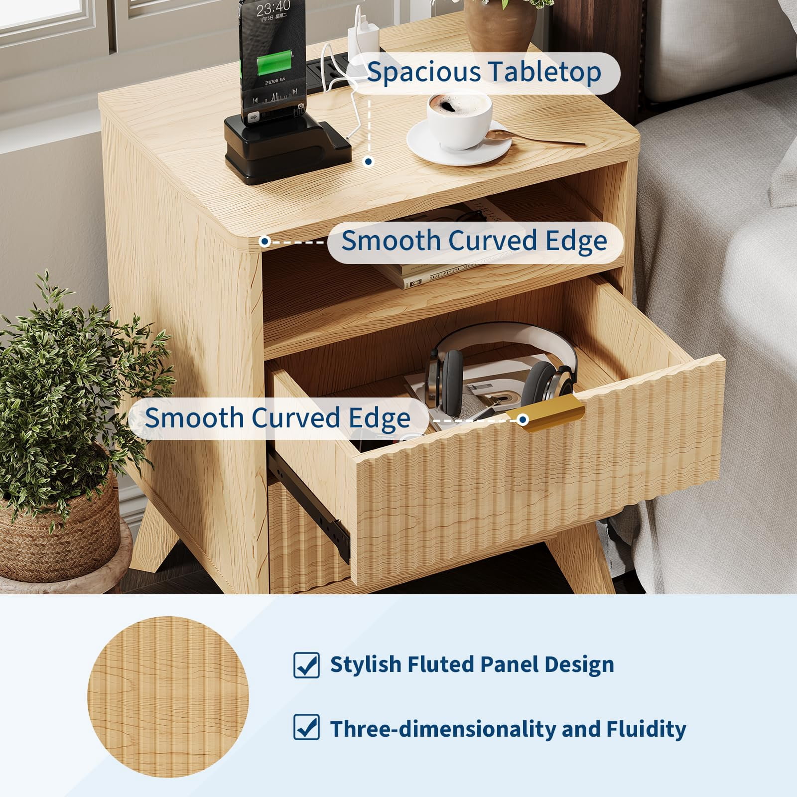 KOKEBREN Modern Nightstand with USB Charging Station - Wood Fluted Bedside Table with 2 Drawers & Open Shelf,Oak