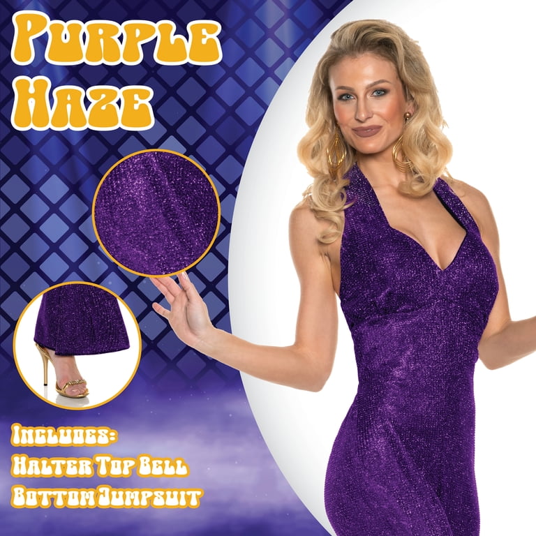 UNDERWRAPS Glitter Jumpsuit Disco Costume - Disco Halter Top Jumpsuit Purple  Outfit, Halloween 70s Outfits for Women, Sexy Disco Outfit Costume -  Walmart.com