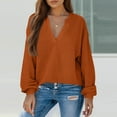 thumbnail image 3 of WTOBBY Women's Long Sleeve V-Neck Casual Knit Top - Solid Color Waffle Texture Everyday Wear Spring Fall Fashion Tunic Blouse for Women, Stylish Comfort Stretch Fabric,Orange M, 3 of 6