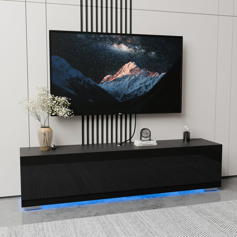 Floating TV Stand with LED Lights 55 Wall Mounted Modern Black Entertainment Center High Gloss TV Cabinet Media Console with Storage Doors for up