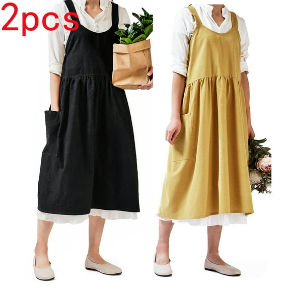 2Pack Aprons for Women Cotton Linen Cross Back Apron for Women with Pockets for Cooking Baking Turquoise/Black/Yellow without Waist Ties for Cooking,Baking,Crafting,Flower Arrangement