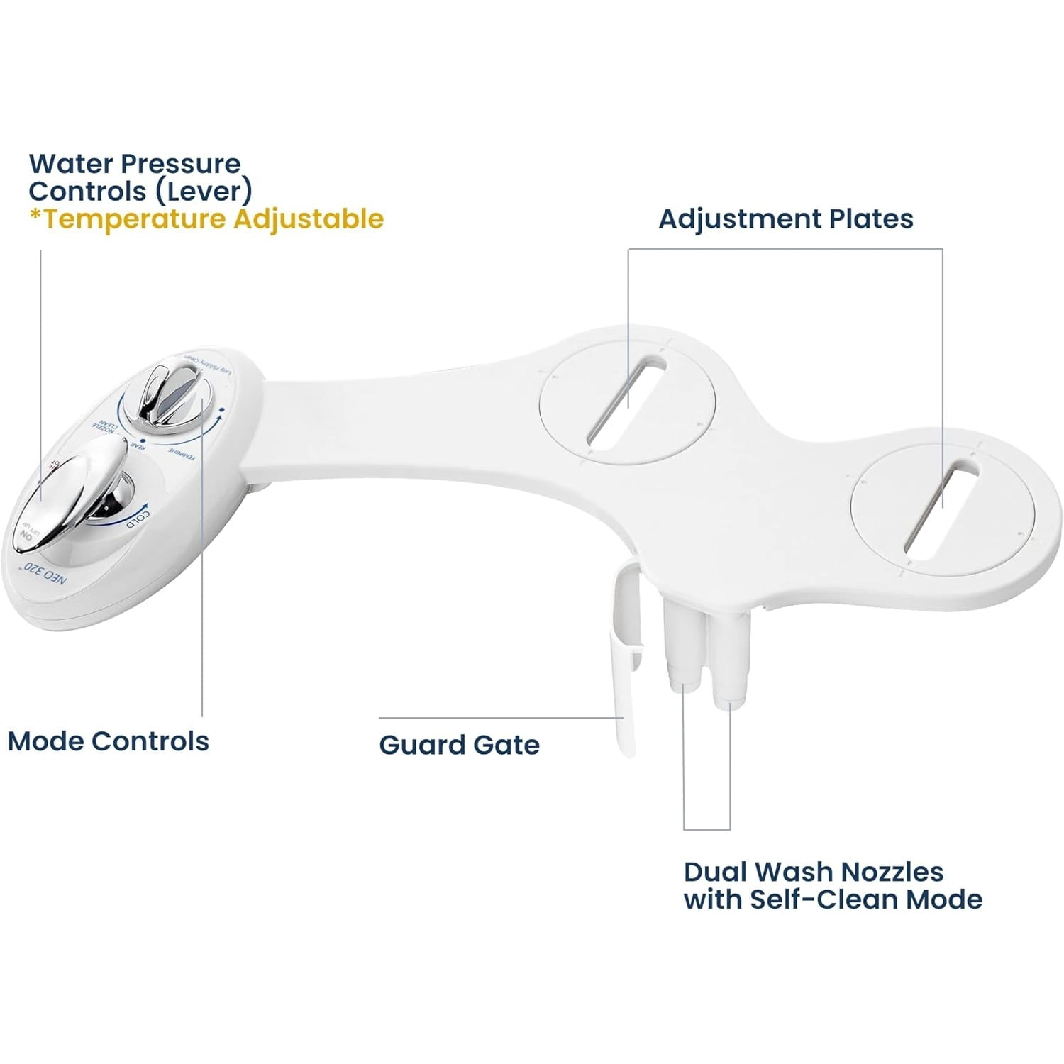 Warm Water, Dual Nozzle, Self-Cleaning, Non-Electric Bidet Attachment for Toilet Seat, Adjustable Water Pressure, Rear & Feminine Wash (White)