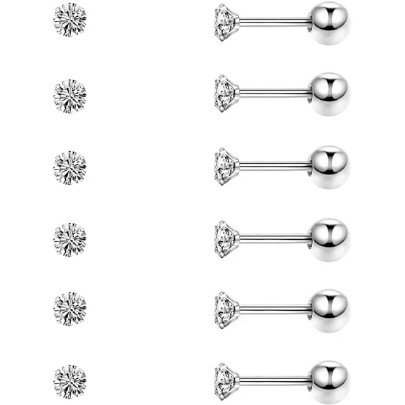 Nmkwnr 6 Pairs Stud Earrings 2MM Cubic Zirconia Earrings Stud 316L Stainless Steel Piercing Jewelry Set for Men Women, Silver