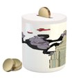 thumbnail image 1 of Animal Piggy Bank, Cartoon Theme Big Monkey on Skyscraper and Planes on White Background Print, Ceramic Coin Bank Money Box for Cash Saving, 3.6" X 3.2", Beige Black and Red, by Ambesonne, 1 of 4
