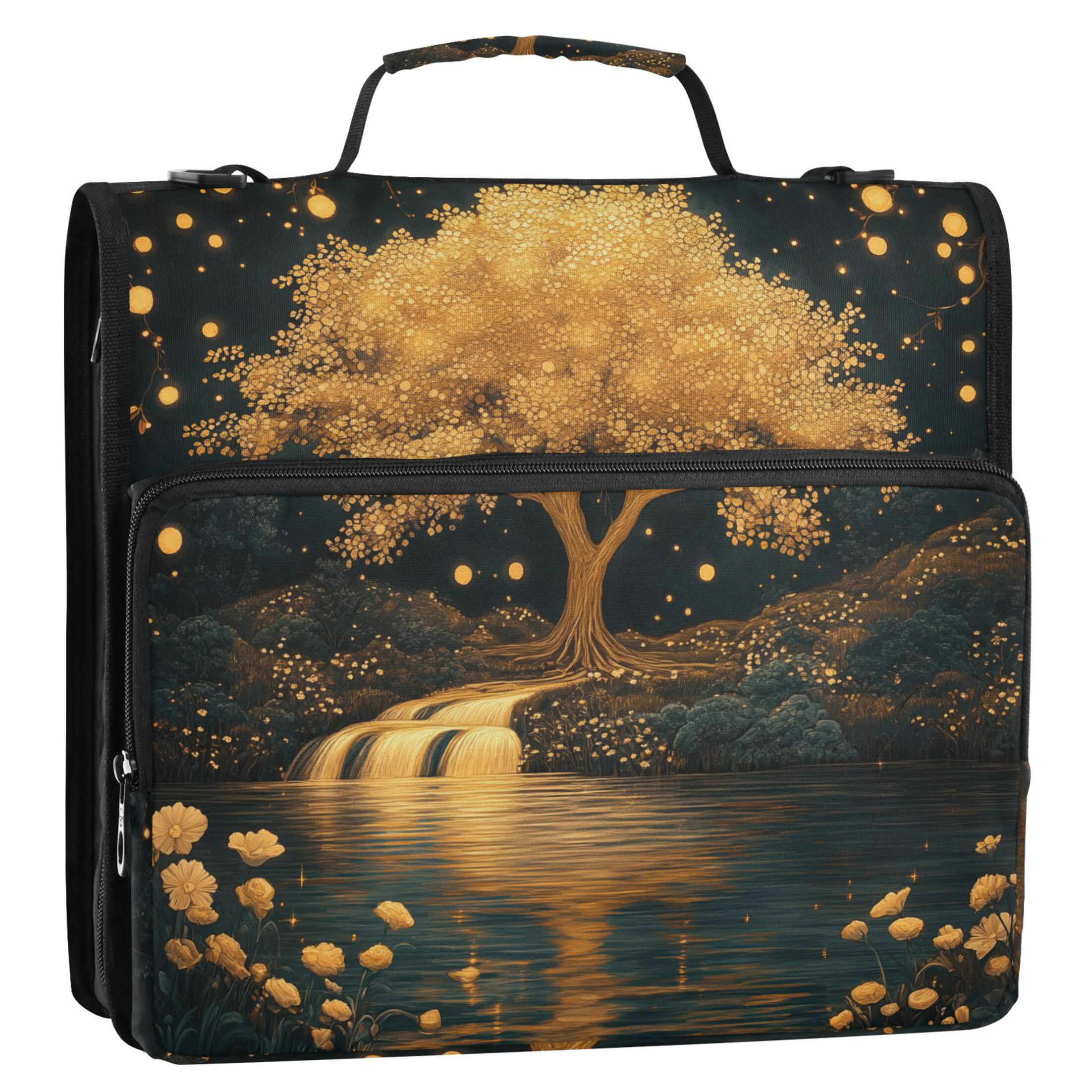 3 Ring Zipper Binder with Shoulder Strap Waterproof Trapper Keeper 2 Inch D-Ring 500 Sheets Capacity Golden Tree on River Bank