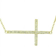 925 Sterling Silver Yellow Gold-Tone Sideways Cross CZ Pendant Necklace