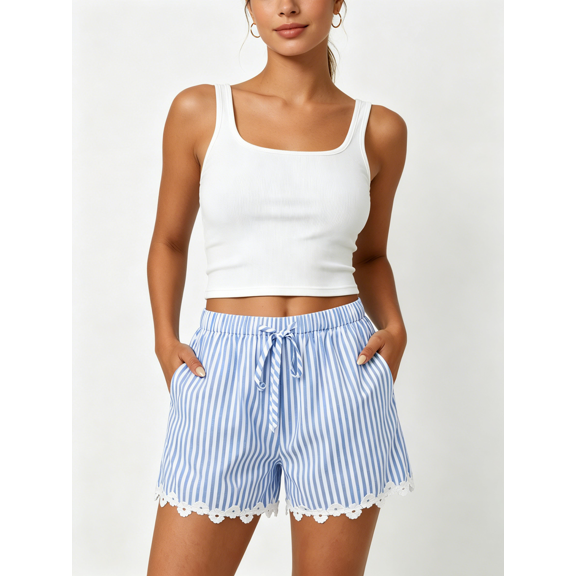 Zynoxe Women's Cotton Linen Shorts with Pockets Trendy Striped Lace Trim Straight Leg Shorts Breathable Elastic Waist Drawstring Shorts Versatile Solid Color Summer Beach Shorts for Women S