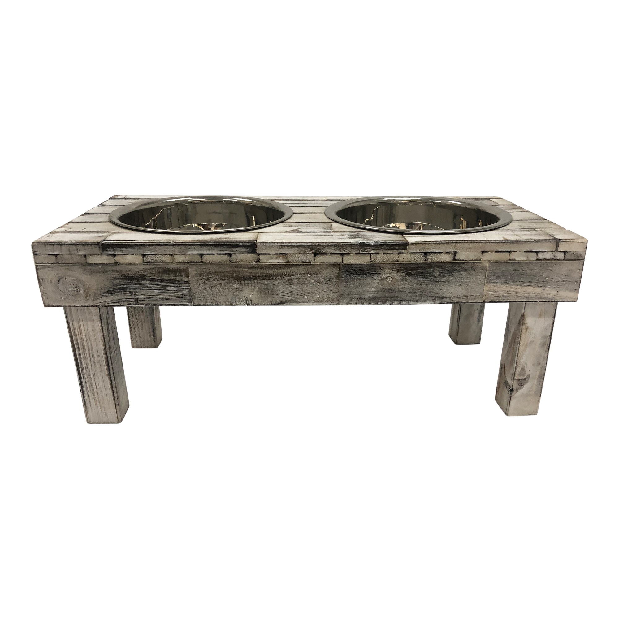Huntley Pet Berjen Table Elevated Double Bowl Pet Feeder, White Wash (Small)