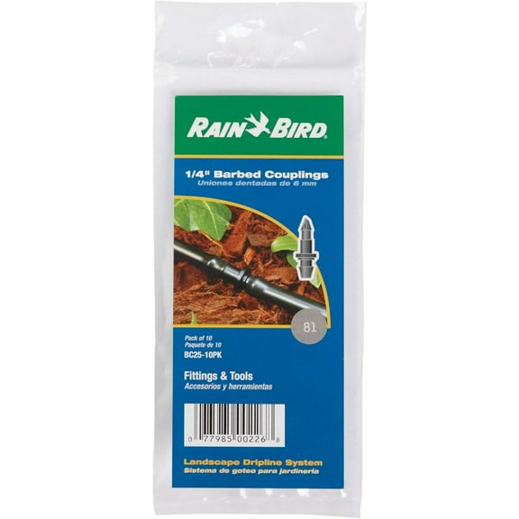 Rain Bird BC25/10PS Drip Irrigation Universal 1/4" Barbed Coupling Fitting, Fits All Sizes of 1/4" Drip Tubing, 10-Pack