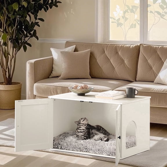 LEDREM Cat Litter Box Furniture Enclosure, Multi-Functional Hidden Washroom with Removable Divider for Indoor Cats,L, White
