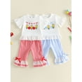 thumbnail image 3 of BemeyourBBs Toddler Baby Girl Back to School Outfit Kids Pre Kindergarten Outfits Little Baby Girl Summer Clothes Short Sleeve Ruffle Trim Bow Pencil Print T Shirt Tops Flared Pants Sets, 3 of 9