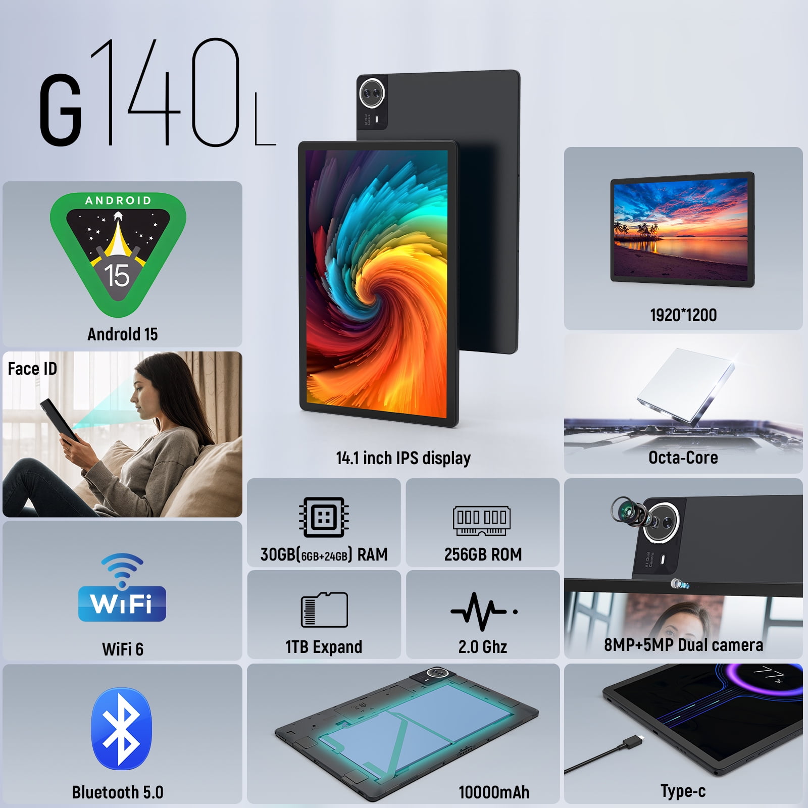 Android 15 タブレット 30GB+256GB ブラック 14 Inch Large Touchscreen Tablet Android 15, 30GB RAM 256GB ROM