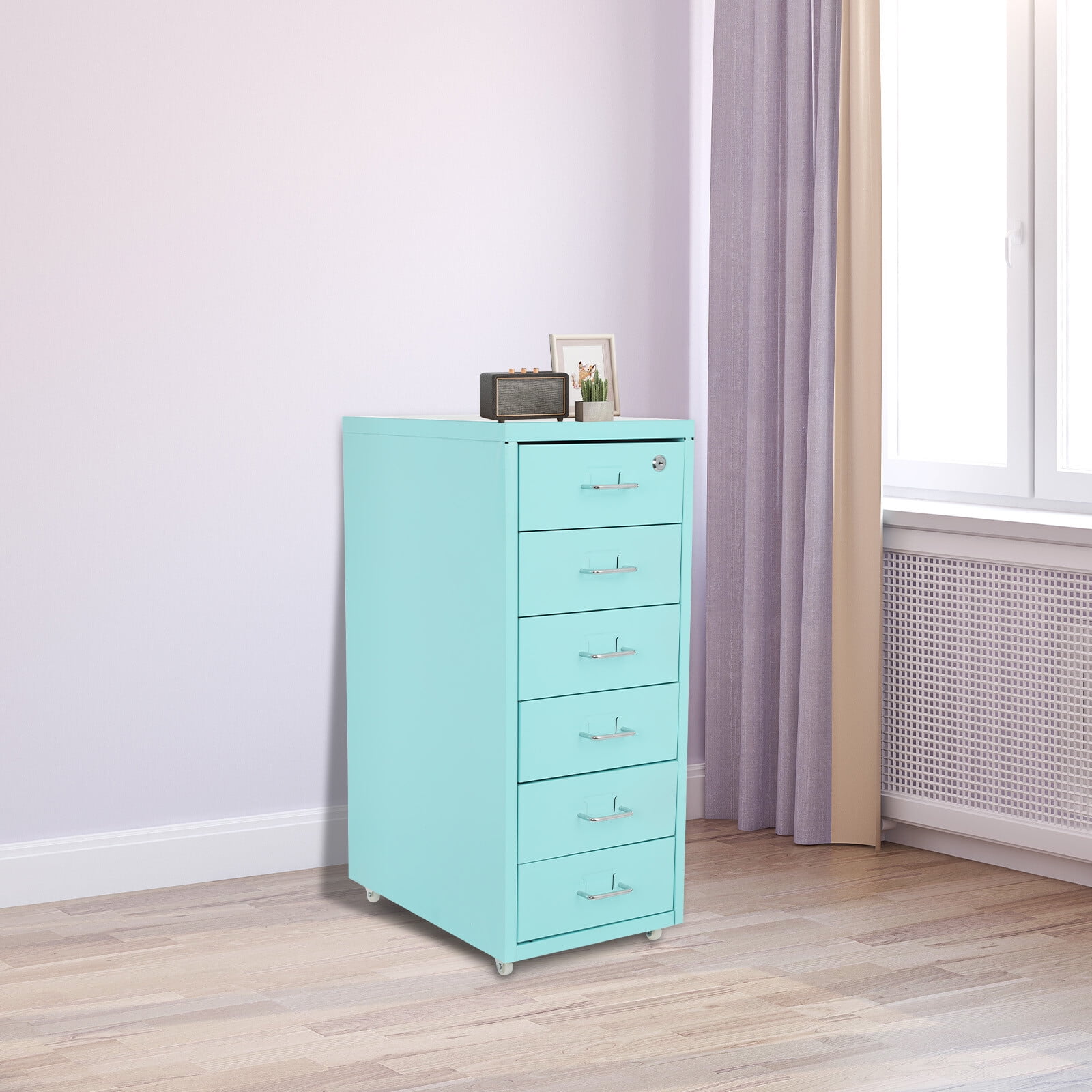 6-Drawer Vertical File Cabinet Blue Lockable Rolling