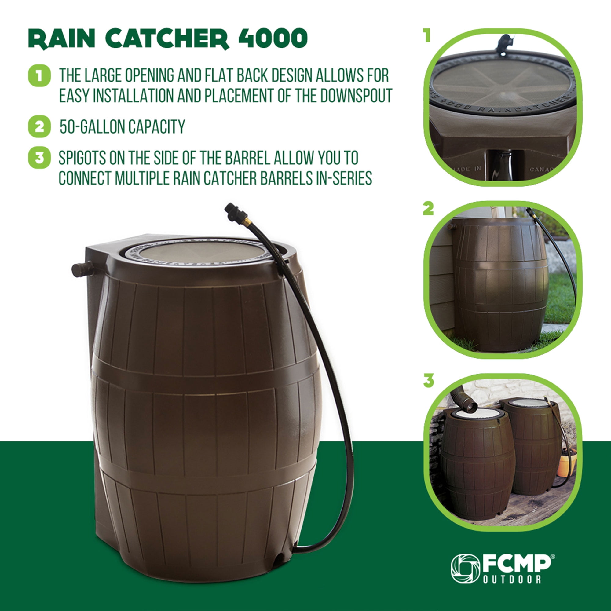 FCMP Outdoor 50-Gallon BPA Free Home Rain Water Barrel, Brown (4 Pack)