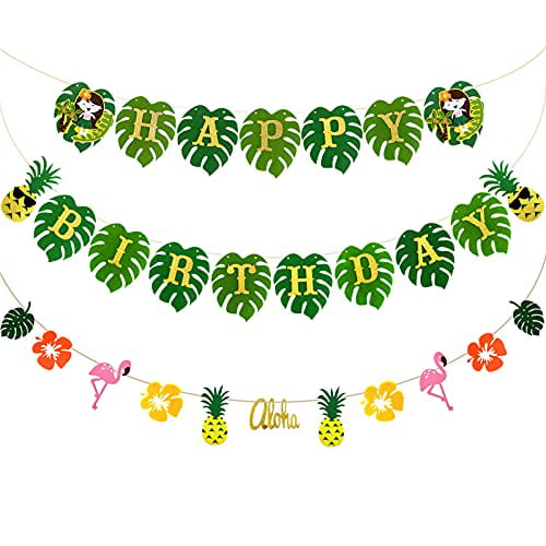 Tropical Flamingo Palm Leaves Felt Party Banner Garland Ribbon Banners for Luau 