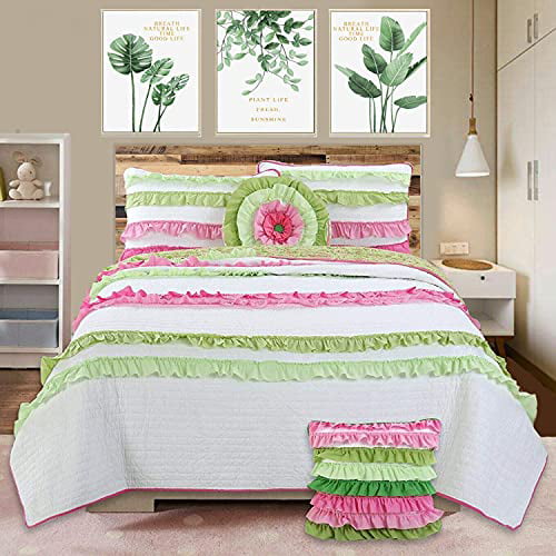 Coverlet Bedspread Pink Green Chic Ruffle Girl Cotton Quilt Set