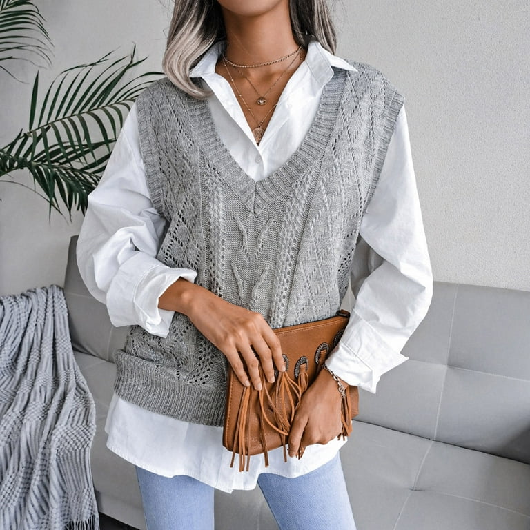 ZQGJB Women Sweater Vest Casual Round Neck Cable Knit Pullover
