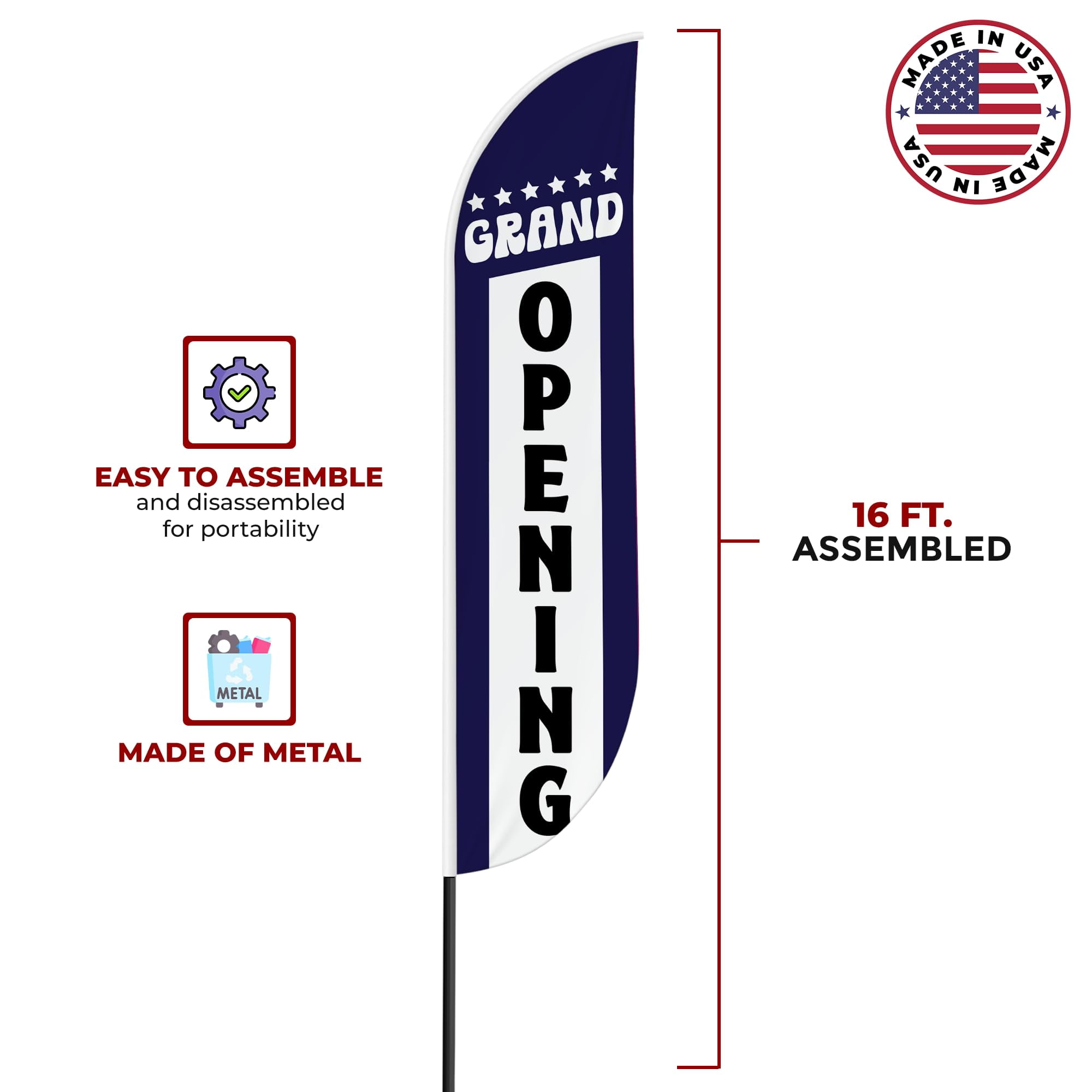 Grand Opening Feather flag for Outdoor by Mavis Print | 11.5 FEET Long Polyester Outdoor Banner Flag for Easy Hang | HD Print Swooper I Flag Only for Business Advertising | Made in USA I Flag Only