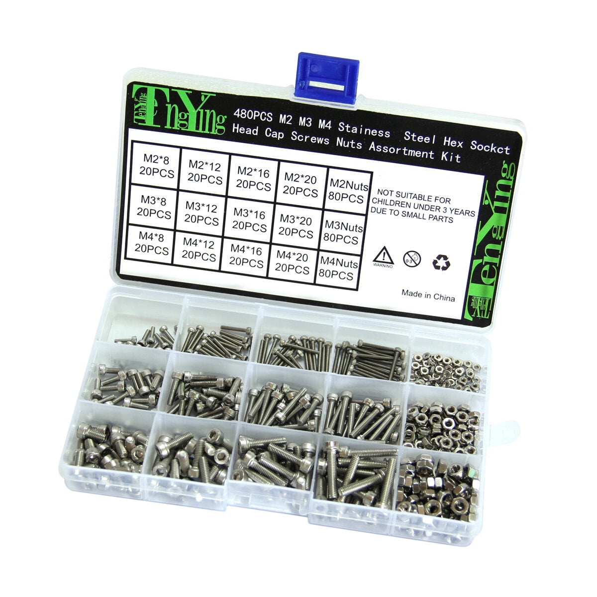 SKISUNO 480Pcs Screws and Bolts Assortment Kit 304 Stainless Steel Flush Mounting for Ship Construction