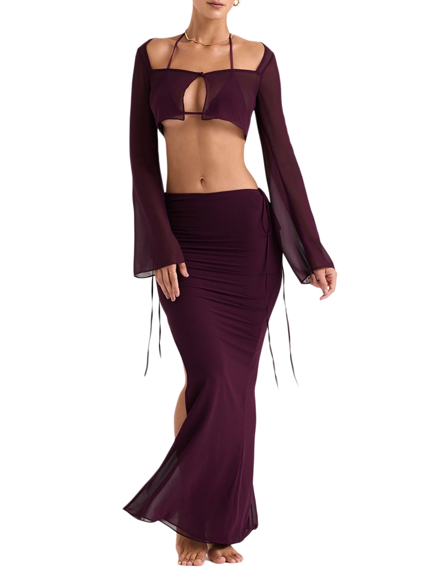 Women's Crochet Knit 2 Piece Skirt Sets Hollow Out Knitted Crop Top