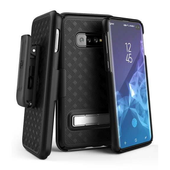 Encased Galaxy S10 Plus Belt Case with Kickstand (2019 Slimline Series) Ultra Thin Cover w/ Rotating Holster Clip (for Samsung Galaxy S10 ) Black