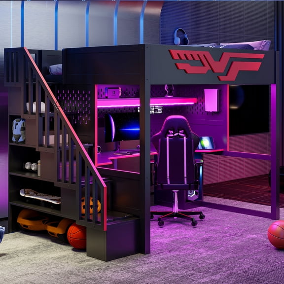 Harper & Bright Designs Full Gaming Loft Bed with Desk and LED Light, Wood Full Size Stairway High Loft Bed and Storage Staircase and USB, Red Black