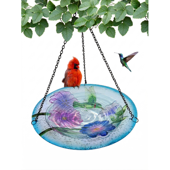 Songbird Essentials Hummingbird Bird Bath, Glass Hanging Birdbath, 13in Round
