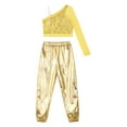 thumbnail image 4 of TiaoBug Kids Girls Sequins Hip Hop Jazz Ballet Dance Outfits One Shoulder Long Sleeve Crop Top with Metallic Pants Set Gold 10, 4 of 7