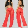 thumbnail image 2 of Tanghaowl Women's Pants, Women Mesh Ruffle Trim Cover Up Pants Beach Wrap Bikini Shiny Covers For Swimwear Casual Red M, 2 of 6