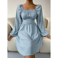 thumbnail image 2 of SEARIPE Women's Long Sleeve Plain Square Neck Ruched High Waist Dress Lace-up Casual Elegant Midi Dresses Light Blue M, 2 of 4