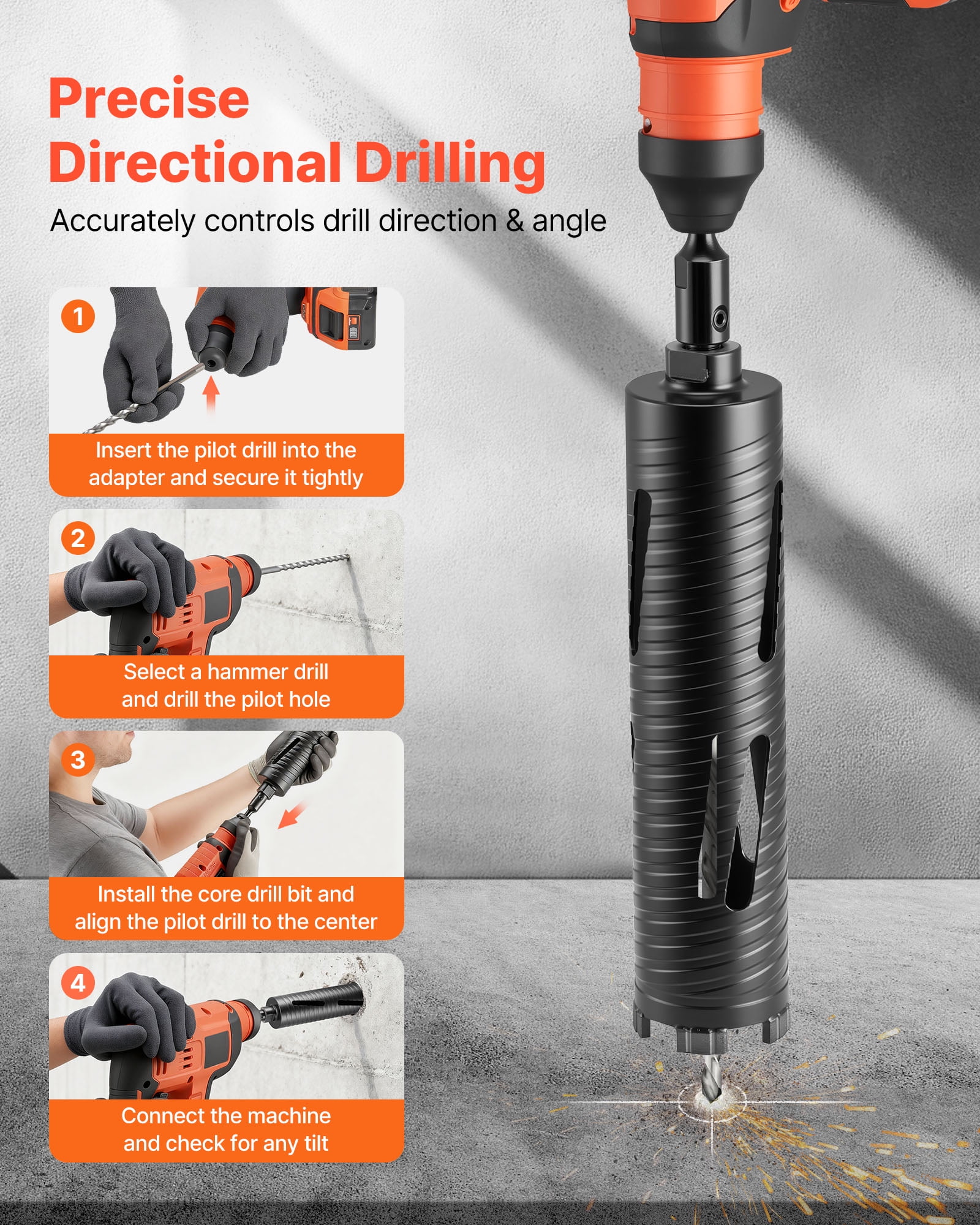 VEVOR Core Drill Bit, 2-1/2 inch Diameter, 9-1/2 inch Drilling Depth, 5/8-11 Internal Thread, Diamond Dry Coring Bit with 3 Adapters, Pilot Drill and Hex Wrench, for Concrete, Red Bricks, and Masonry