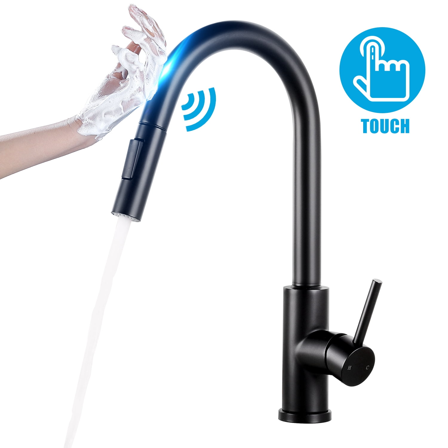 Fingerprint Resistant 304 Stainless Steel Qomolangma Touch Sensor Brush Nickel Kitchen Faucets with Pull Down Sprayer Single Hole Deck Mount Single Handle Kitchen Sink Faucet with Pull Out Sprayer