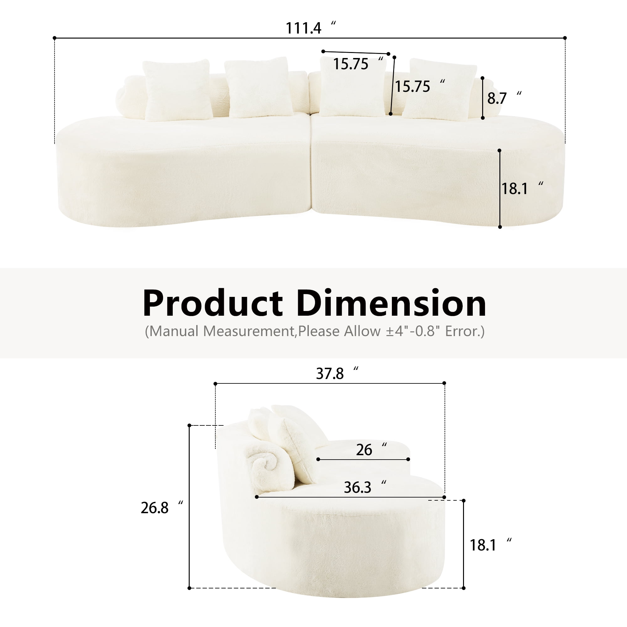 Modular Sofa, White Curved Plush Sectional with Foam Spring Support, 111-Inch Multi-Seat Sleeper for Living Room and Small Spaces