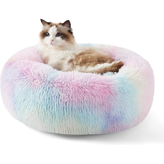 OFEFE 1PC Calming Cat Bed for Indoor Cats - Small Washable Round Cat Bed, Anti-Slip Fluffy Plush Faux Fur Pet Bed, Fits up to 15 lbs Pets, Used to Relieve Joints and Improve Sleep,20 inches