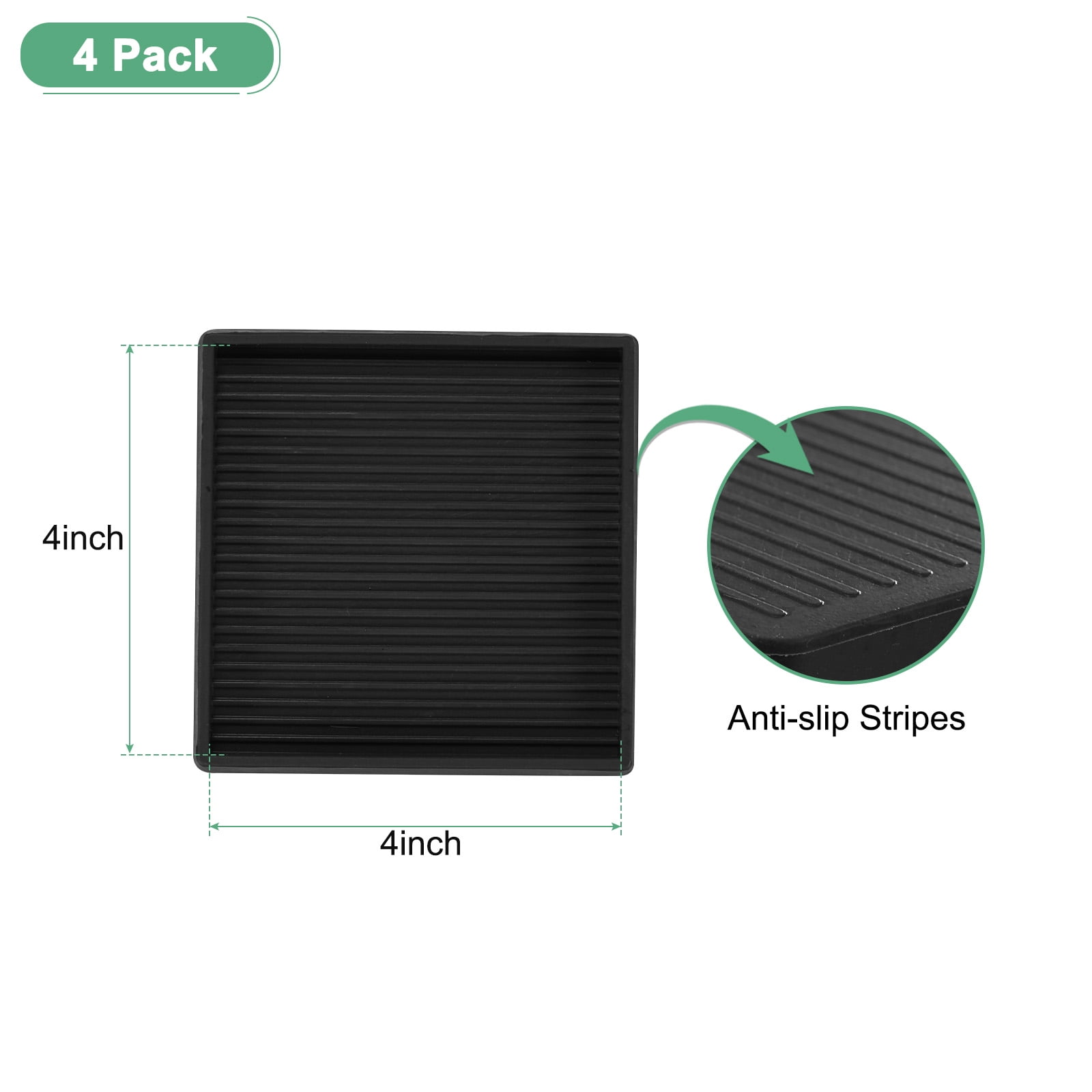 4-Pack Furniture Coasters Cups 4" Square Rubber Anti Slide Floor Protector Pads for Sofa Chair/Piano Stopper Furniture Caster Leg Non Slip Feet Cups [Black]