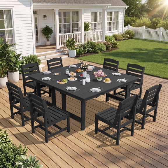 SERWALL Outdoor HDPE Dining Table Set, 10‑Piece Patio Dining Set with 2 Rectangular Tables, 8 Armless Chairs & Umbrella Hole, Black