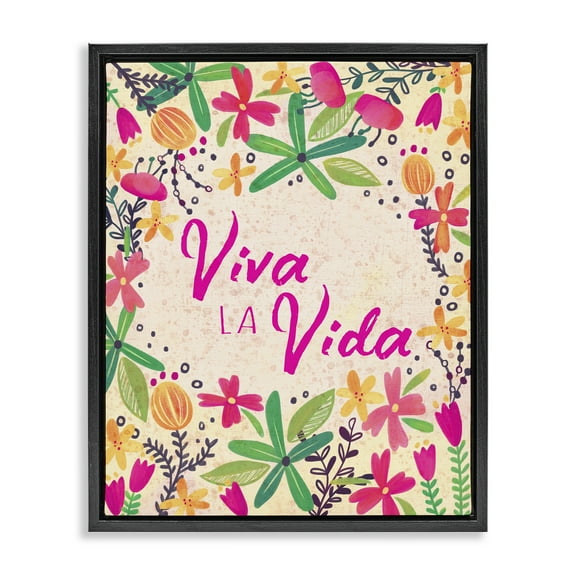 Stupell Industries Viva la Vida Flores Tropicales Inspirational Quotes & Sayings Painting Black Floater Framed Art Print Wall Art, 17 x 21