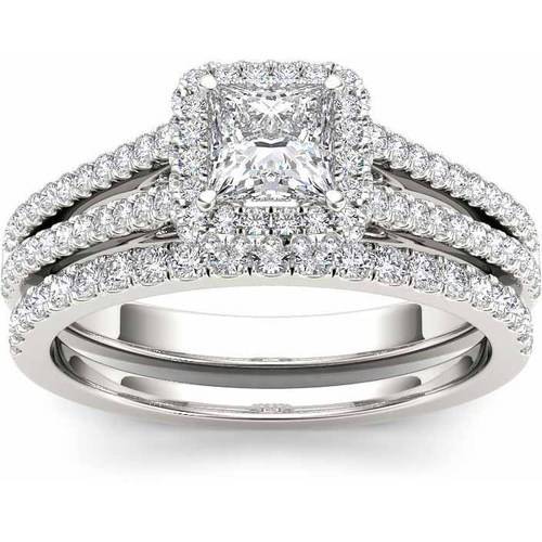 3/4 Carat T.W. Diamond Single Halo 14kt White Gold Engagement Ring Set ...