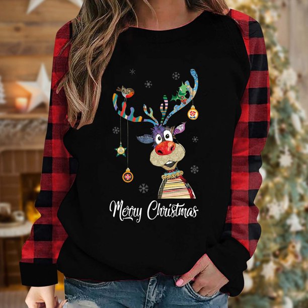 Pntutb - Camiseta holgada con estampado de moda para mujer, blusa de manga larga, cuello redondo, tops casuales Pntutb Pntutb-1618