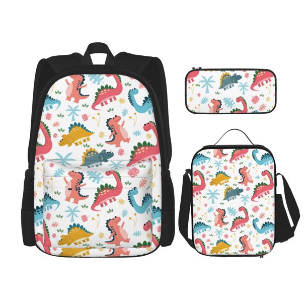 Easygdp Dinosaur Mochila para Niños y Niñas con Set de Caja de Almuerzo y Estuche para Lápices 3 en 1, Mochila Escolar Estampada para Adolescentes