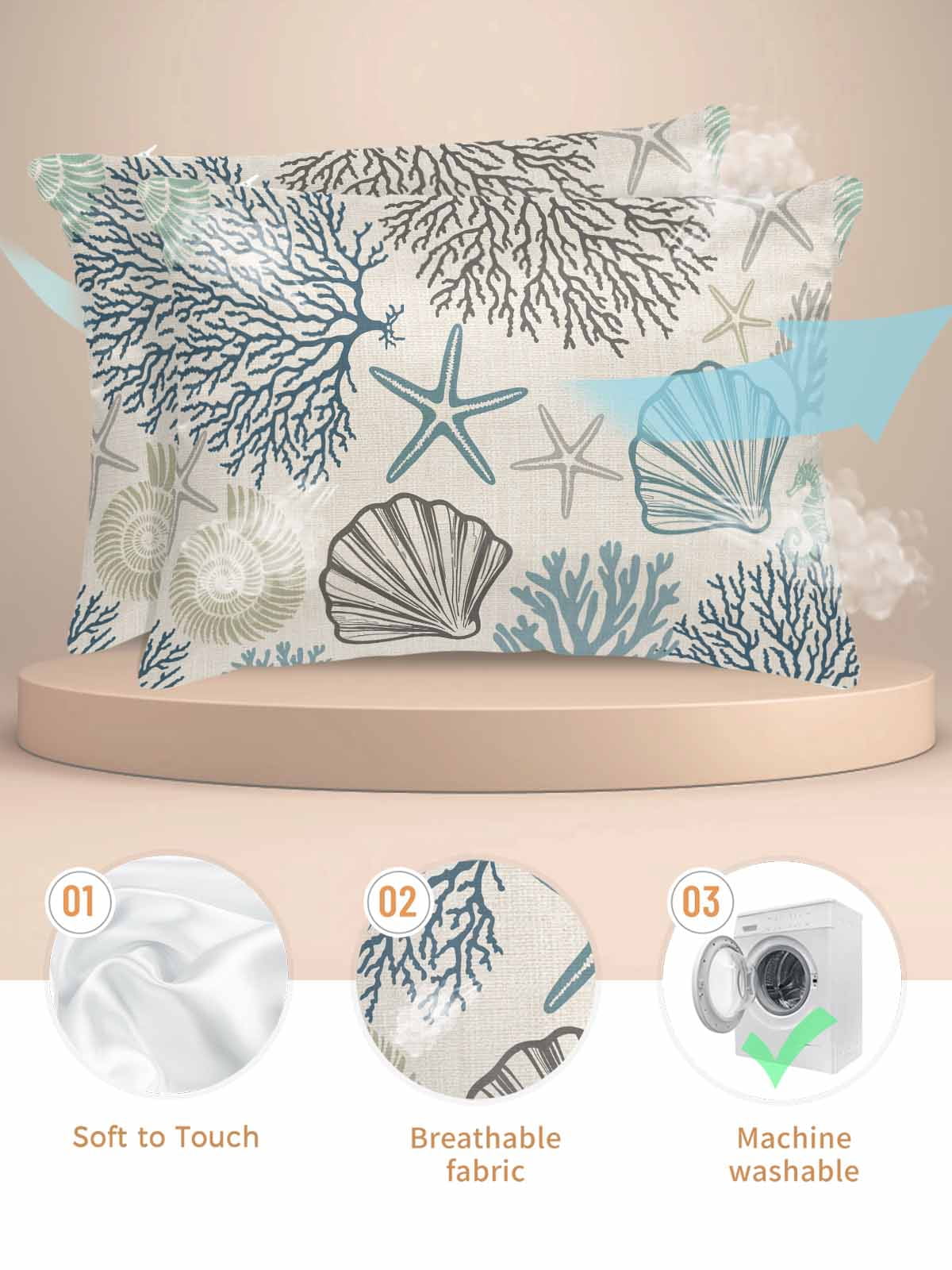 Ocean Coastal Pillow Cases Standard Size Set of 2, Smooth Satin Pillowcase for Hair and Skin, Retro Coral Starfish Shell Seahorse Decorative Cooling Bed Pillow Covers with Zipper, 20x26 Inches