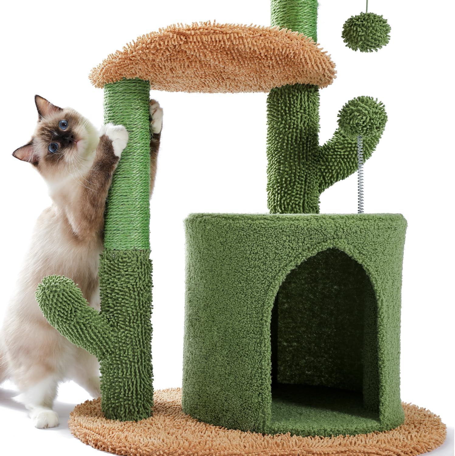 41" Tall Cactus Cat Tree Cat Tower with Sisal Scratching Post, Cozy Condo, Plush Perch & Soft Hammock - Ideal Indoor Cat Climbing Stand for Small and Medium Cats Green Brown