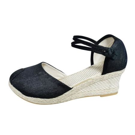 

Solid color Slope heel Sandals for Women Summer Womens Resort Style Floral Embroidered Pattern Wedge Slippers Black