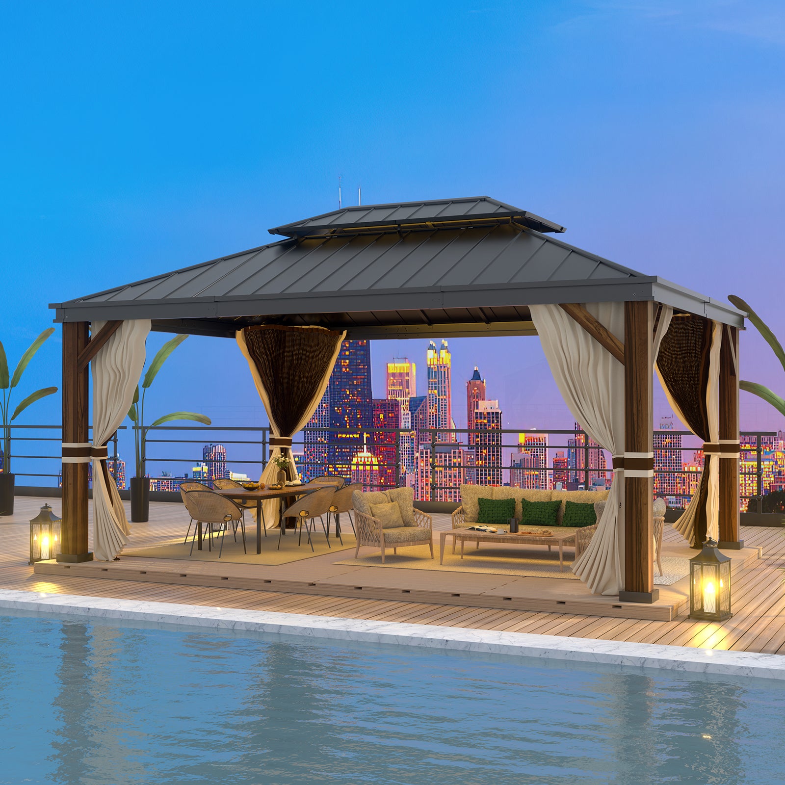 Gazebo 12x16, Hardtop Gazebo with Wood Finish Aluminum Frame