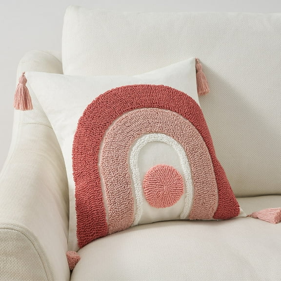 Topfinel 18x18 Inch Cotton Canvas Throw Pillow Cover, 1Pack Tufted Boho Jacquard Pink Cushion Cover, Geometric Stripe Farmhouse Textured Pillowcase with Tassels for Couch Sofa Bed Home Decor