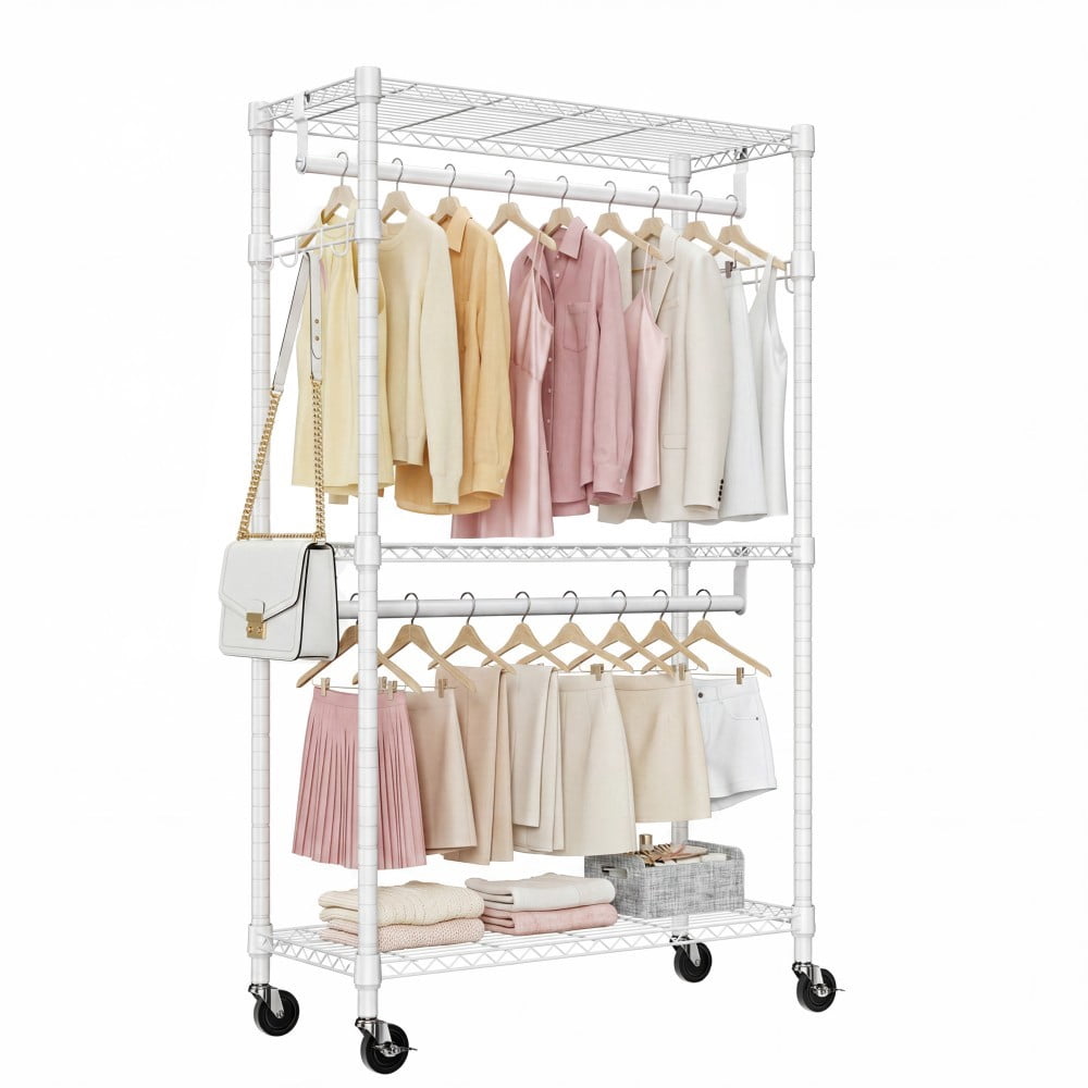 Heavy Duty Rolling Garment Rack, 3-Tier Adjustable Wire Shelving Clothes Rack with 2 Hanging Rods, Side Hooks & Lockable Wheels, White