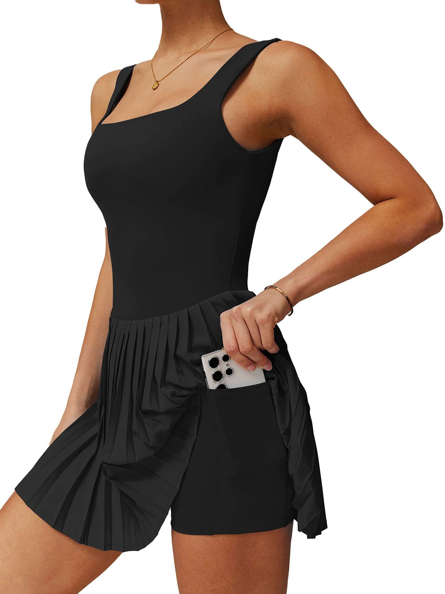 Deago Womens Square Neck Tennis Dress Pleated Sleeveless Built in Shorts Golf Athletic Dress with Pocket (Black, S)