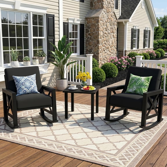 NATURAL EXPRESSIONS 3 Piece Patio Rocking Bistro Set, Outdoor Conversation Rocker Chairs Set with Thick Cushions, Dark Gray